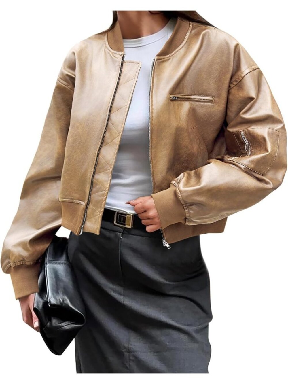 Women Light Khaki Notch Drop-shoulder Zippered Pockets Biker Coat Leather Jacket